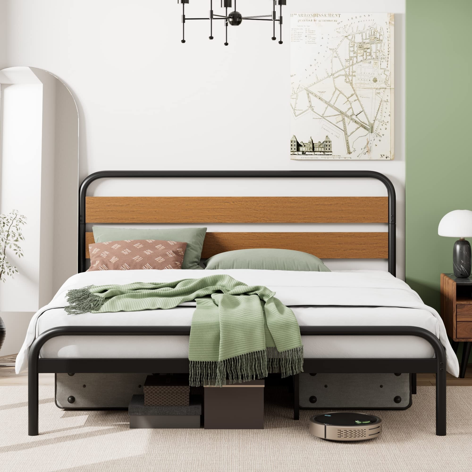 King Size Bed Frame with Wooden Headboard, Platform Bed Frame with Metal Slat Support