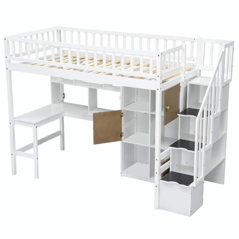 Wooden Twin Loft Bed with Built-in Desk, LED Lights, Storage Shelves, Cabinets & Staircase