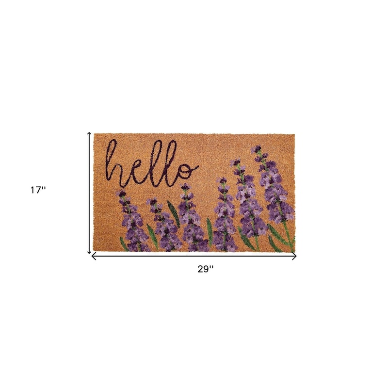 HomeRoots 17" X 29" Natural Black and Purple Coir Floral Hello Outdoor Door Mat - 17.00' X '29.00