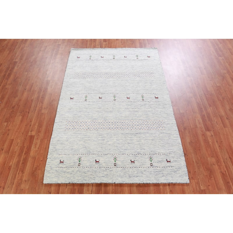 Hand Knotted Oriental 100% Wool Carpet Tribal Animal Pictorial Beige & Ivories Gabbeh Area Rug - 7' 10'' X 5' 2''