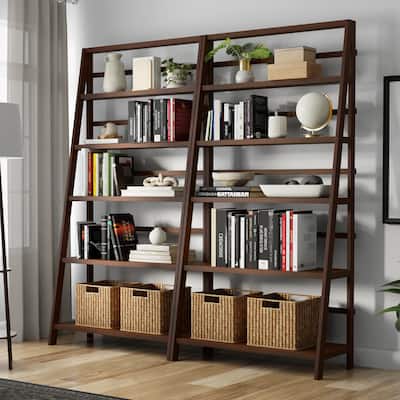 Simpli Home Acadian 36 inch Solid Wood 5 Shelf Ladder Bookcase in Brunette Brown (Set of 2) - 36"W x 16"D x 72"H