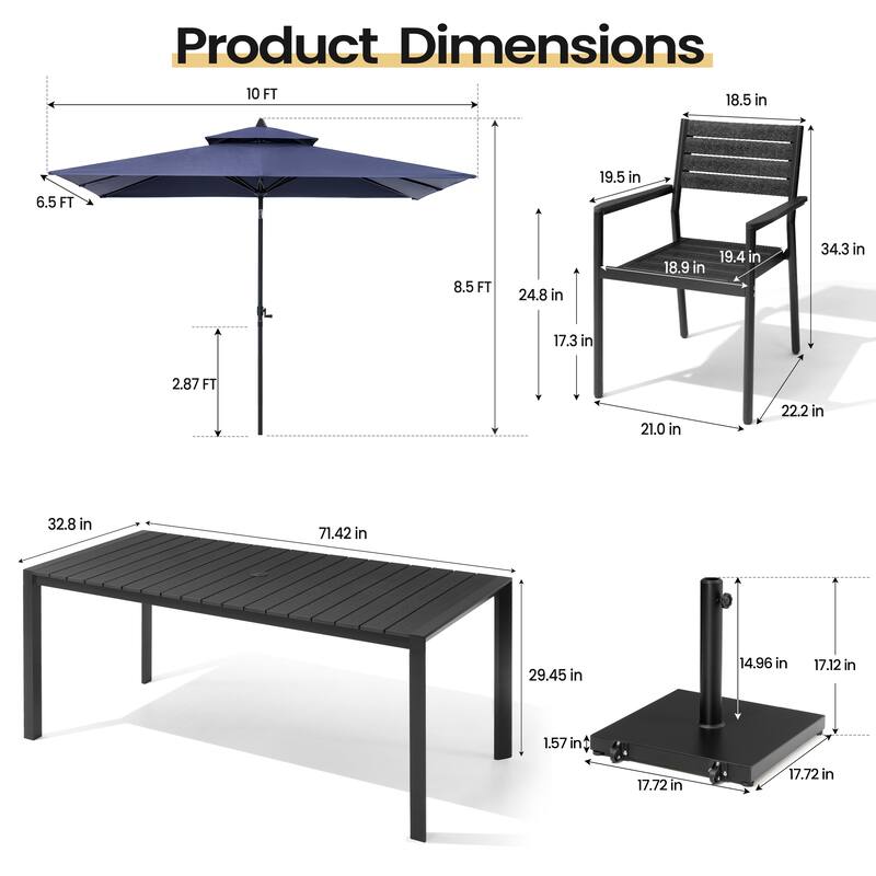 9-PCOutdoor Patio Dining Set Wood Like Aluminum Umbrella Hole Table with Stackable Armchairs, Market Umbrella and Wheel Base