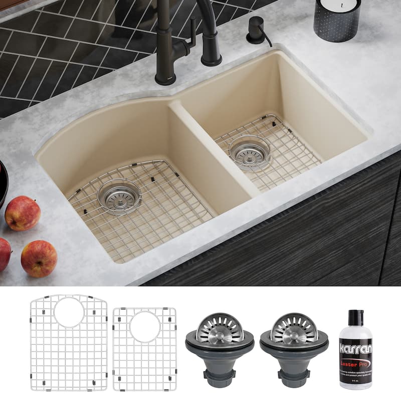 Karran Undermount Quartz 32 in. 60/40 Double Bowl Kitchen Sink Kit