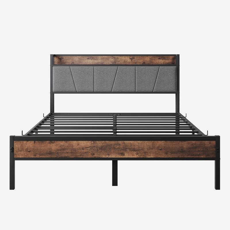 Bed Frame, Storage Headboard with Charging Station