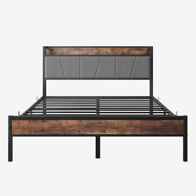Queen Size Bed Frame, Storage Headboard with Charging Station, Vintage Brown and Gray