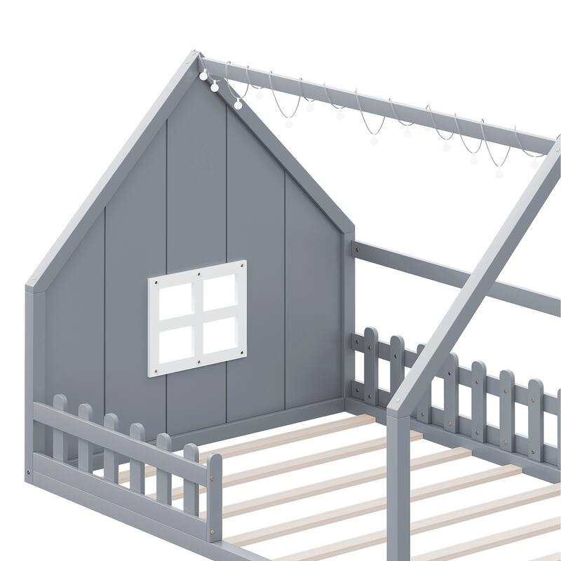 Full Size Wood House Bed with Window and Fence