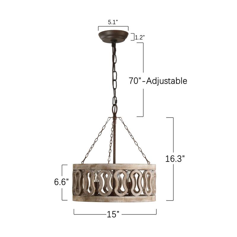 Oaks Aura Mid Century 3-Light Drum Shade Rustic Wood Lighting Distressed Farmhouse Chandelier