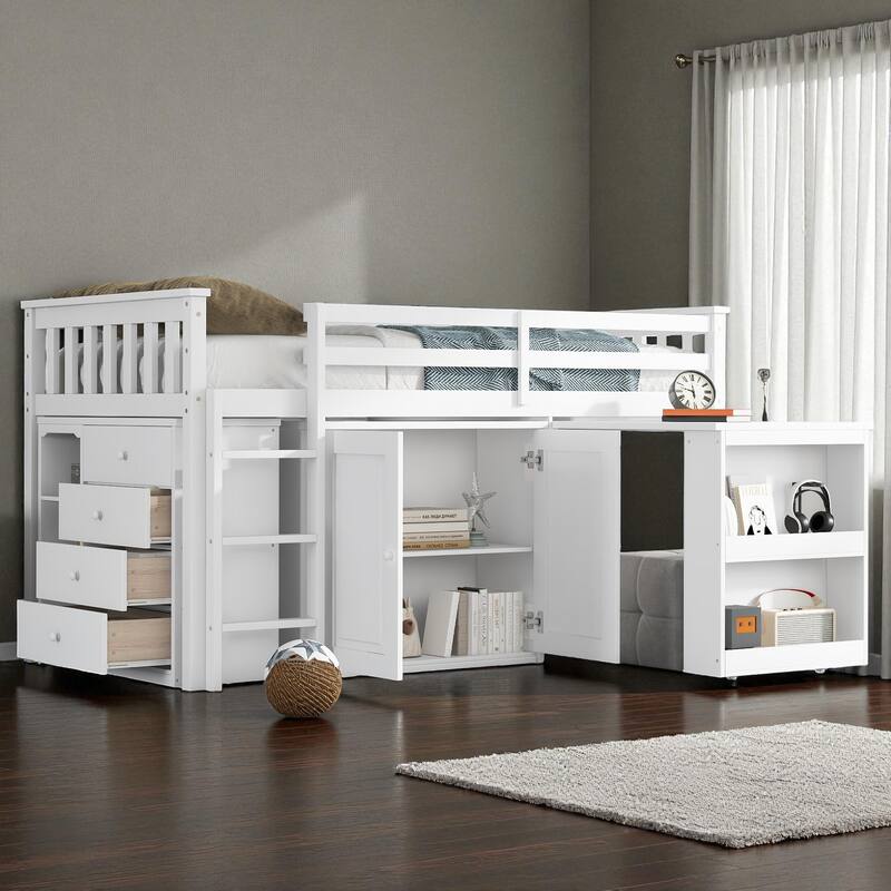 Twin Size Rubber Wood Loft Bed with Pull-Out Desk, Storage Cabinets, Drawers and Shelves, Safety Guardrail and Ladder