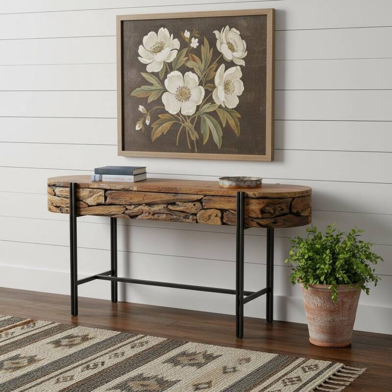 HomeRoots 55" Natural and Charcoal Reclaimed Wood and Metal Oval Trestle Console Table - 55.10 in. x 31.50 in. x 17.70 in. - Natural