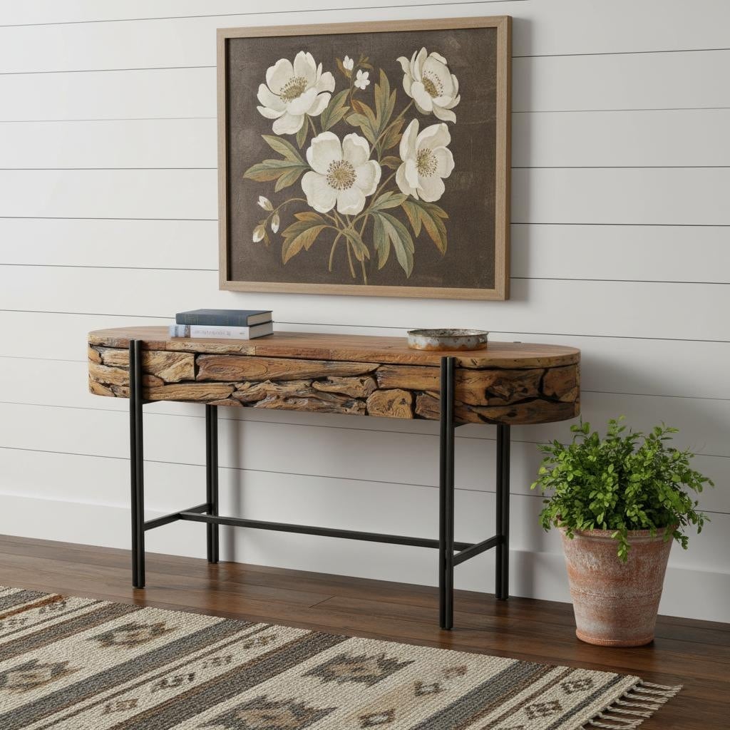 HomeRoots 55" Natural and Charcoal Reclaimed Wood and Metal Oval Trestle Console Table - 55.10 in. x 31.50 in. x 17.70 in.