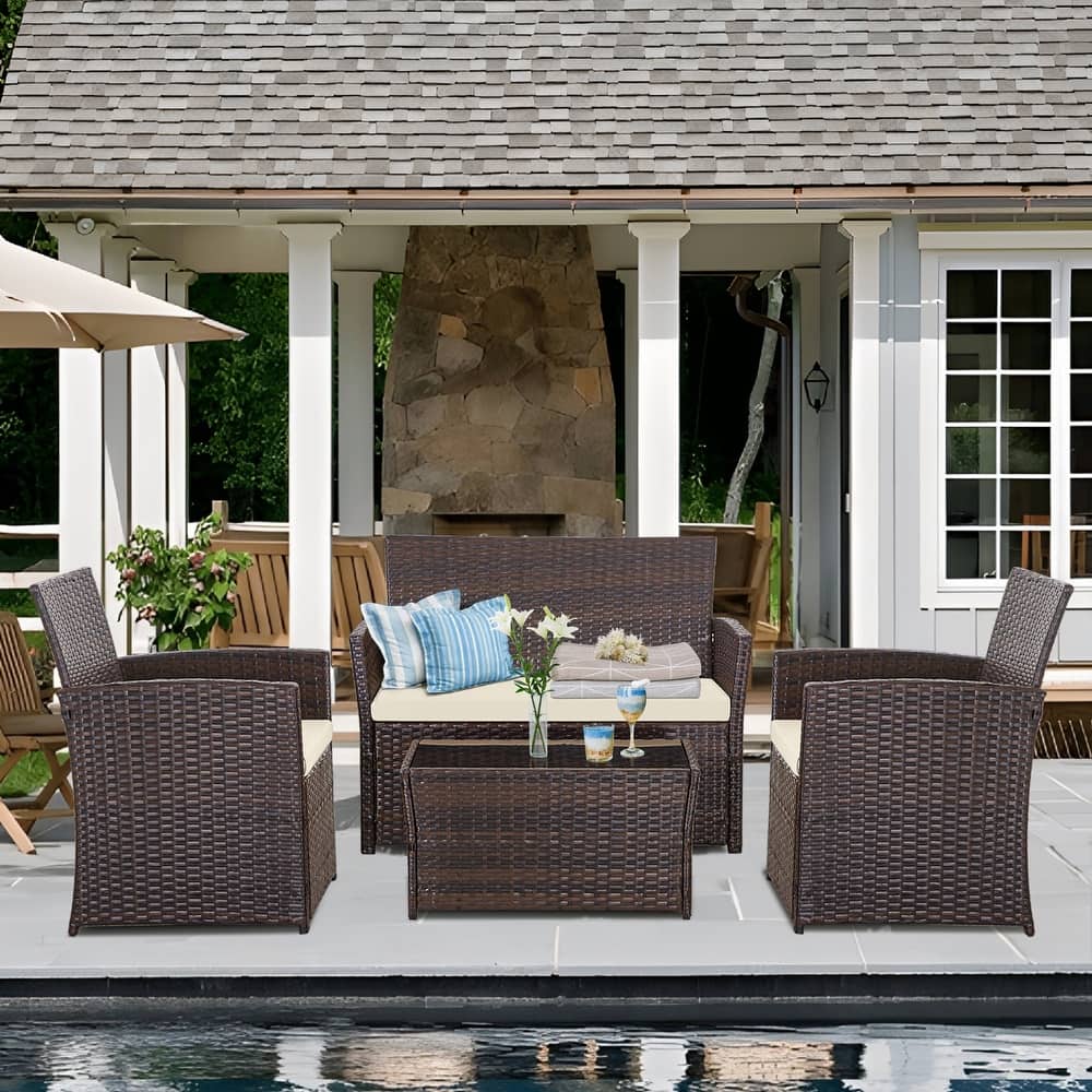 4 PCS Wicker Patio Conversation Set Rattan Seating Sofa Chair
