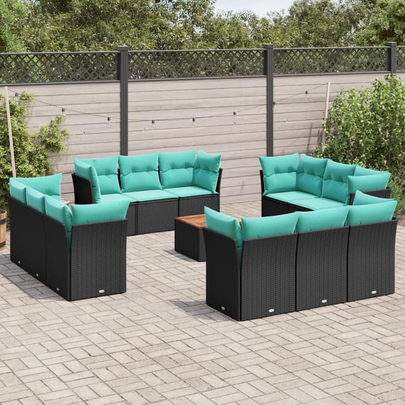 vidaXL Patio Sofa Set with Cushions Outdoor Furniture 13 Piece Poly Rattan - 24.4" x 24.4" x 27.2" - Black and blue
