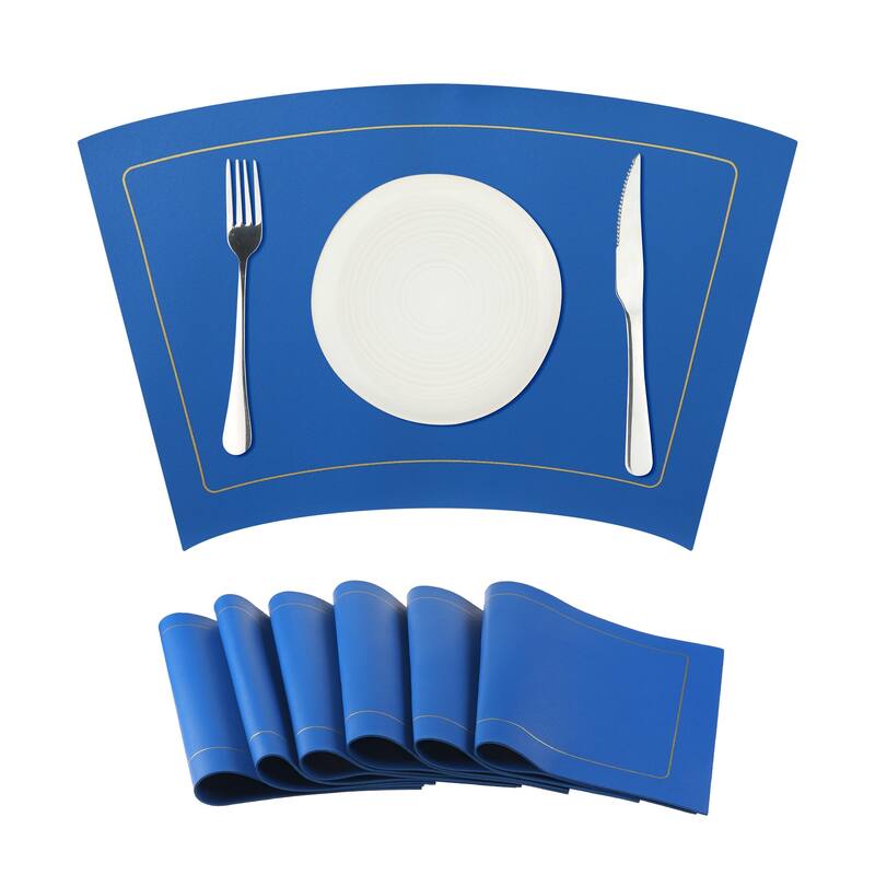 Round Table Placemats, Set of 6 Wedge Faux Leather Placemats Heat Resistant Table Mats - 20x12 inch - Blue