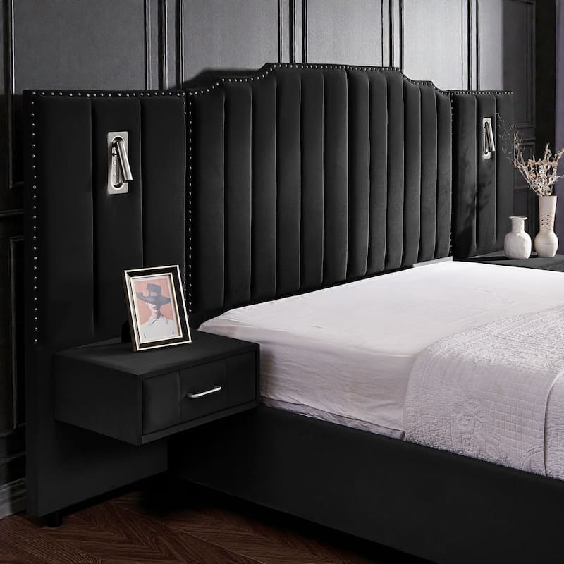 Modern Upholstered Bed Frame with Velvet Headboard, Vertical Channel Button Design, Integrated Nightstand, Platform Support