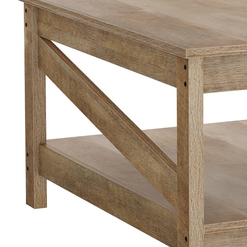 Moasis Farmhouse Coffee Table with Shelf, 2-Tier Center Table for Living Room