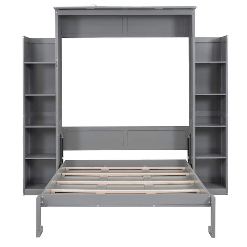 Space-Saving Full Size Wall Bed with Shelves and LED Lights, Gray