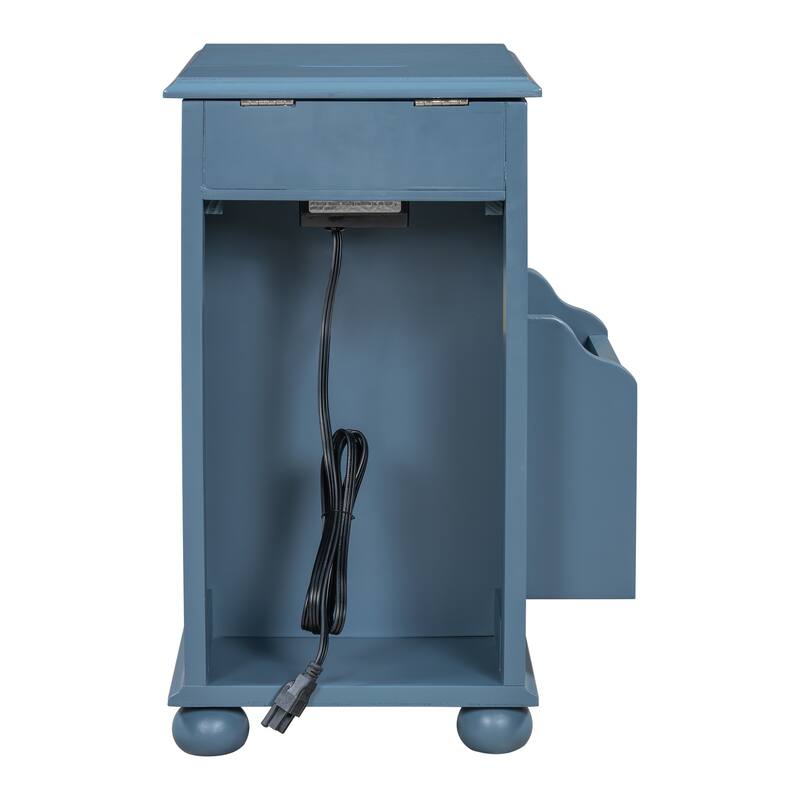 Vintage End Table Flip Top Side Table with USB Ports, One Multifunctional Drawer with cup holders, Sofa Couch Table w/ Bookshelf