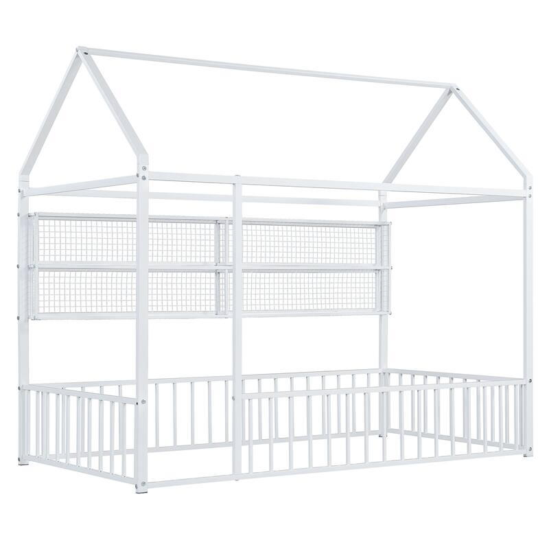 Full Size Metal House Bed Frame with Built-In Grid Shelves, Playful Canopy Design and Space-Saving Storage