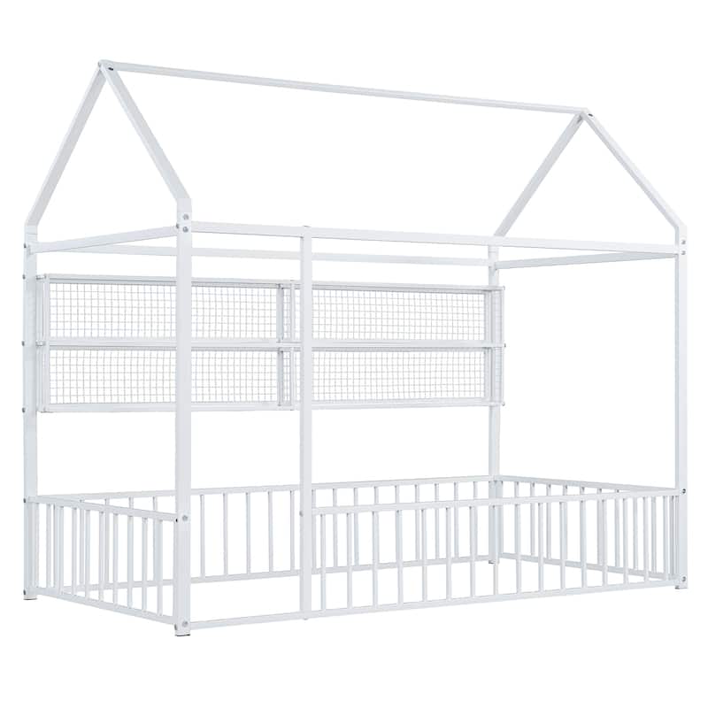 Twin Size Metal House Platform Bed Frame with Storage Shelves,Fence and Shelves