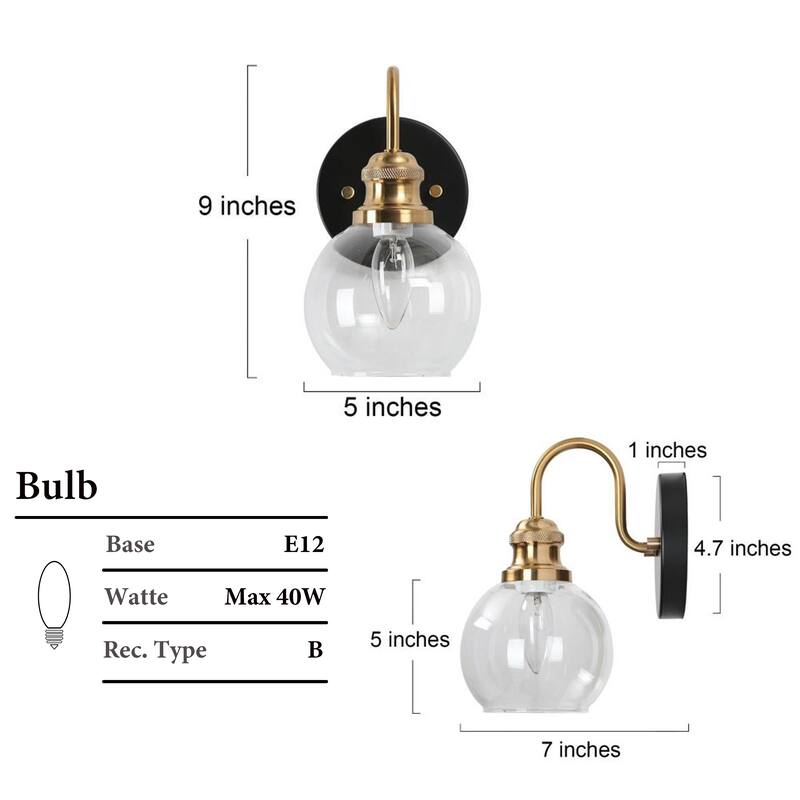 Mid-Century Modern Wall Sconce Lighting with Round Glass Bathroom Gold Vanity Lights - 5" L x 7" W x 9" H
