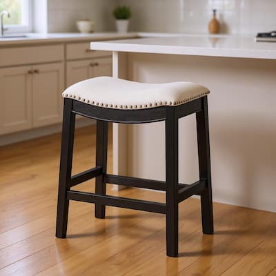 HomeRoots 26" White and Black Fabric and Solid Wood Backless Counter Height Bar Chair