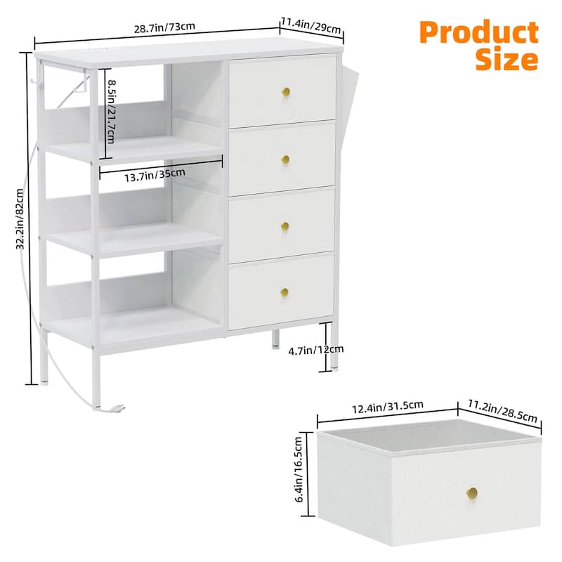 White Storage Cabinet with 4 Drawers, 3 Open Shelves & Built - in Power Outlets