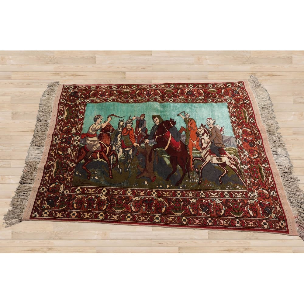 Hand Knotted Turquoise Persian Wool Traditional Oriental Area Rug - 3' 7'' x 5'