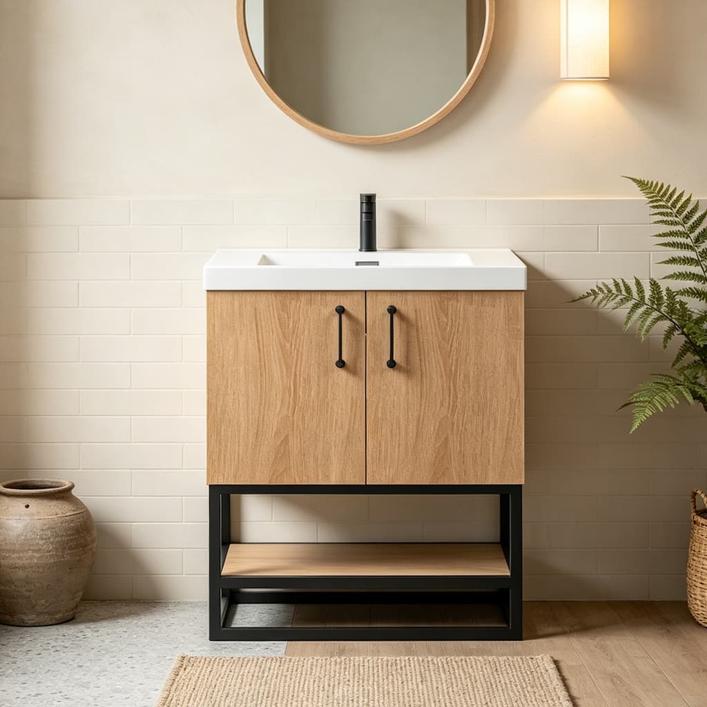 Prismella 24" 30" Oak & Black Bathroom Vanity with Open Bottom Shelf