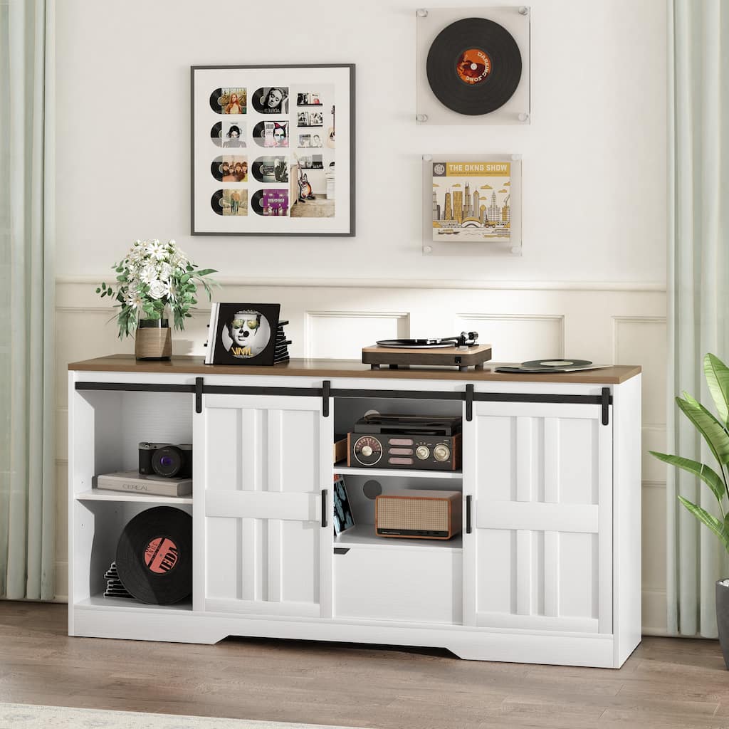 Farmhouse TV Stand for 55-75 Inch TVs, Sliding Barn Doors Storage Cabinet Media Console