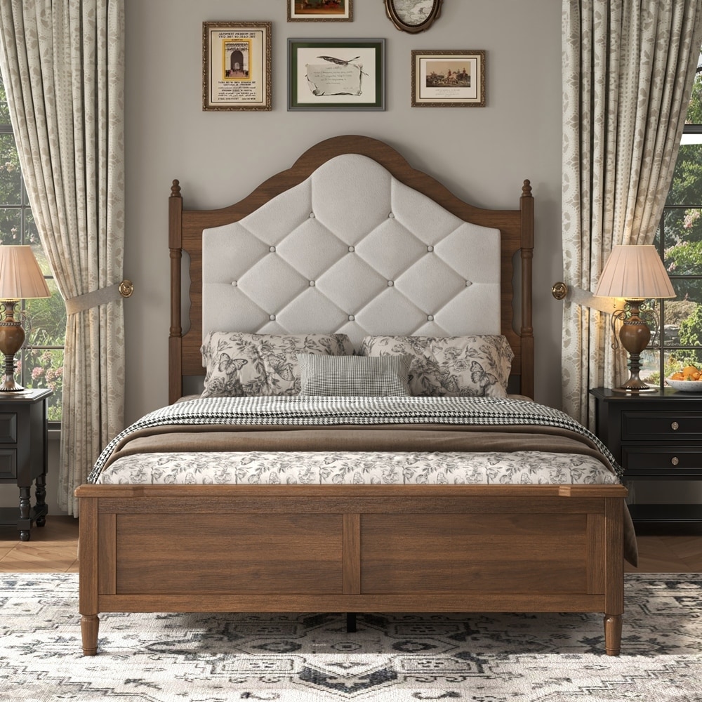 Bed Frame with Upholstered Headboard, Panel Foot Board