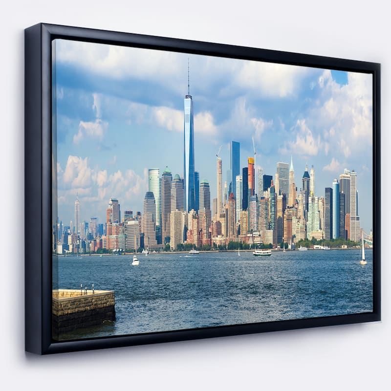 Designart "Lower Manhattan Skyline Panorama" Cityscape Framed Canvas Art Print - 60 in. wide x 28 in. high - Black