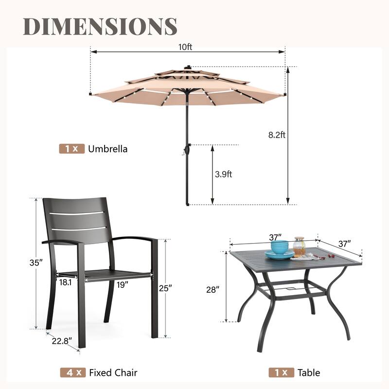 MAISON ARTS 6-Piece Outdoor Dining Set with 10ft 3 Tier Auto-tilt Umbrella, Metal Square Table & 4 Stackable Chairs