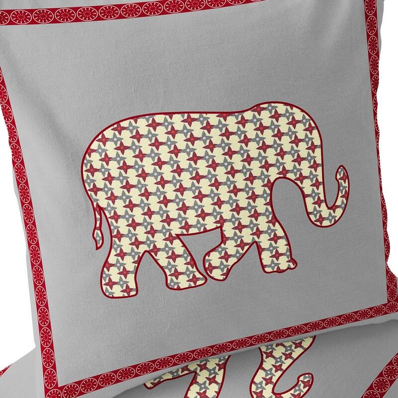 HomeRoots Set of Two 16" X 16" Gray and Red Elephant Blown Seam Animal Print Indoor Outdoor Throw Pillow