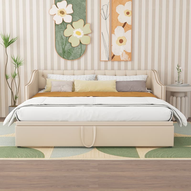Upholstered Sofa Bed with Pop-Up Bed Frame - Beige