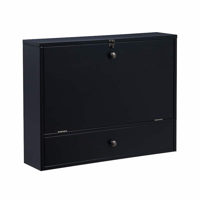 Wood Floating Foldable Desk with Shelves, Drawer and Cork Board Wall Mounted - Black