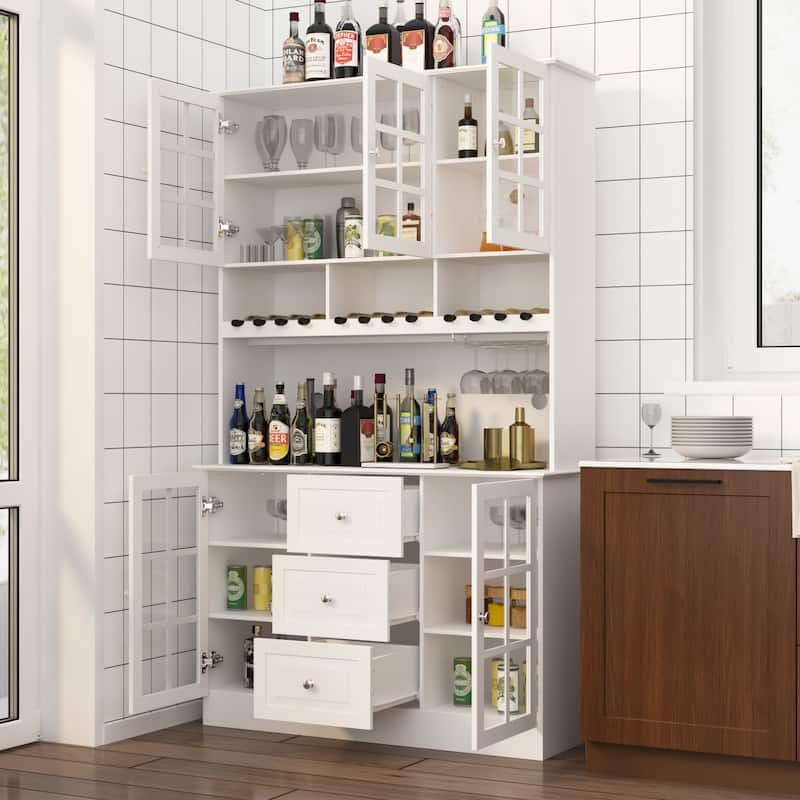 78.9"Large Kitchen Hutch Cabinet Kitchen Pantry Cabinet Bookcase Glass