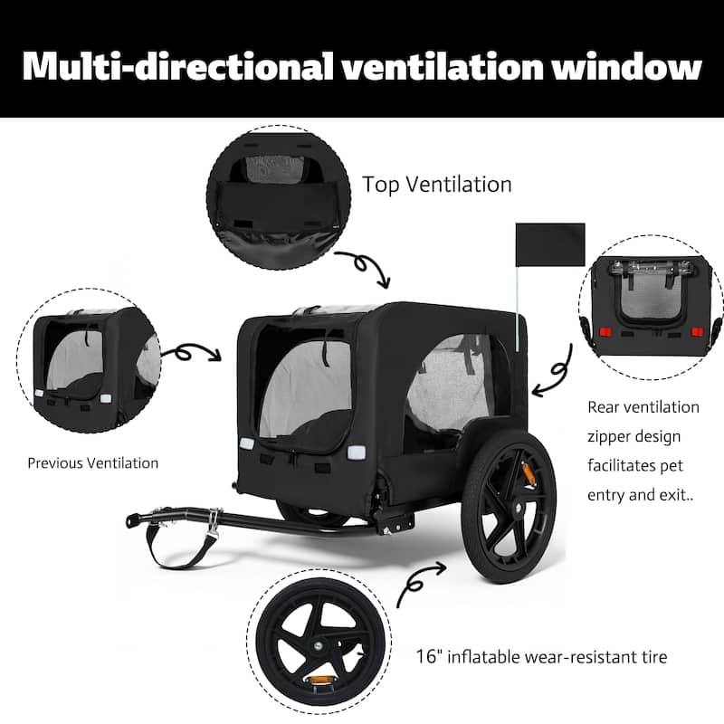 Heavy Duty Collapsible Pet Bike Trailer with 16" Wheels, Foldable Dog Bicycle Carrier Cart with Hitch & Reflectors