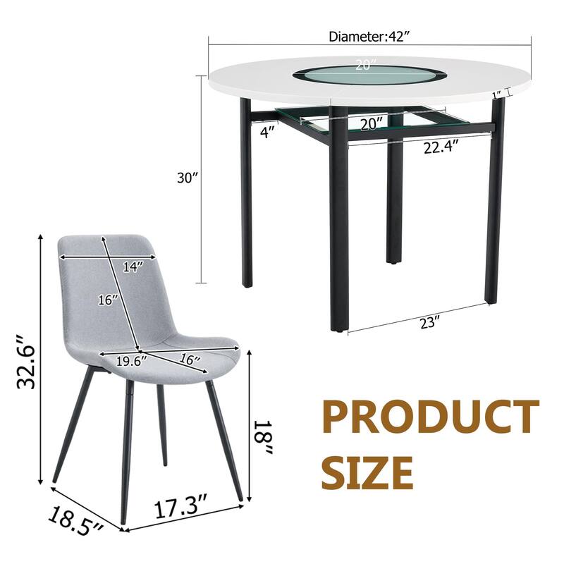 5 Piece Dining Table Set with 42 Inch Round MDF Top Glass Insert 4 PU Chairs