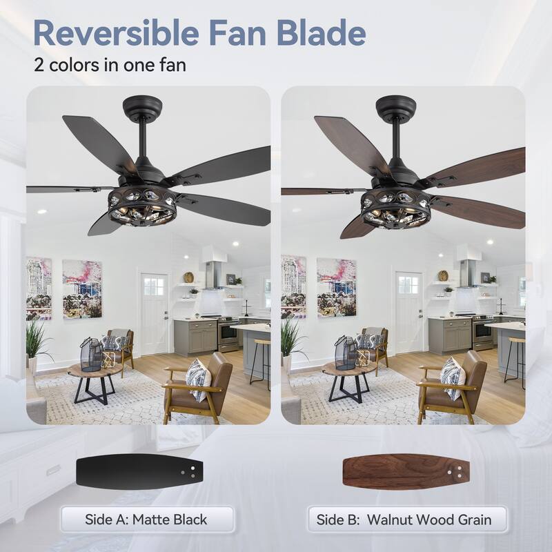 48" Wood 5-Blade Crystal Fandelier Ceiling Fan with Remote and Light