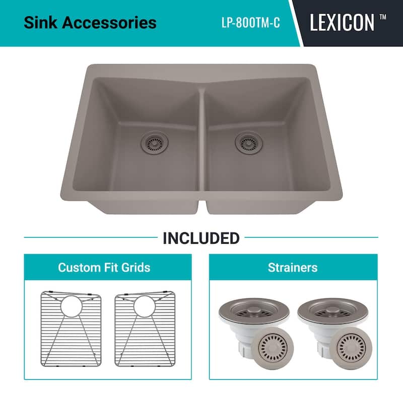 Lexicon Platinum Quartz 33 Inch Double Equal Bowl Undermount Kitchen Sink with Bottom Grids and Strainers , Disposal Flange