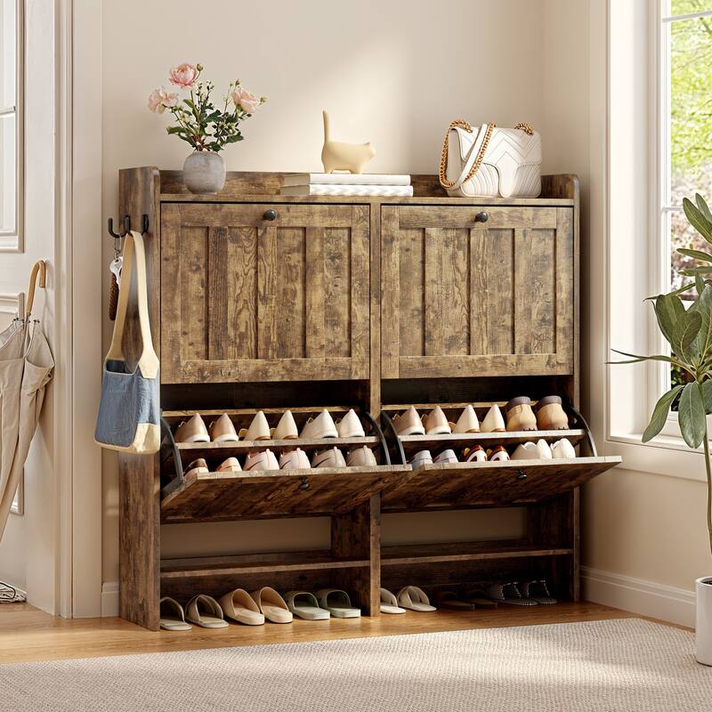 Shoe Cabinet with Flip Drawers, Slim Shoe Storage Cabinet for Entryway, Freestanding Narrow Rack with Open Storage