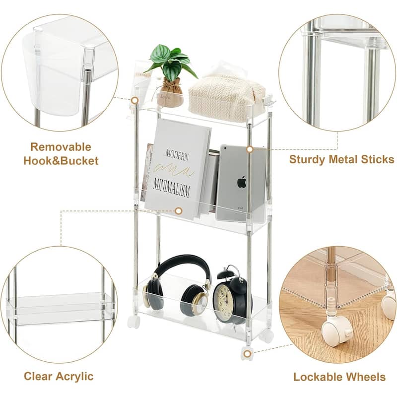 VECELO Small Rolling Cart, Storage Rack Trolley Cart, White Transparent Trolley Cart