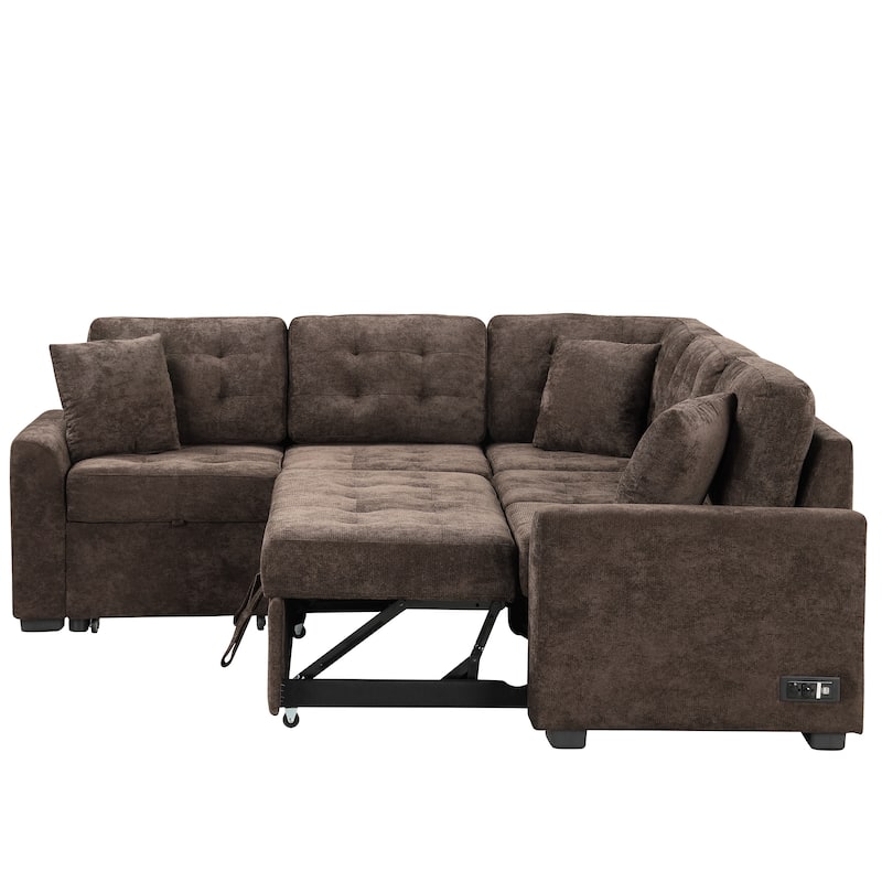 Brown 82.6" Convertible L-Shaped 5 Seater Sectional Sofa with Wheels, Pull-Out Bed, USB Ports and Power Sockets