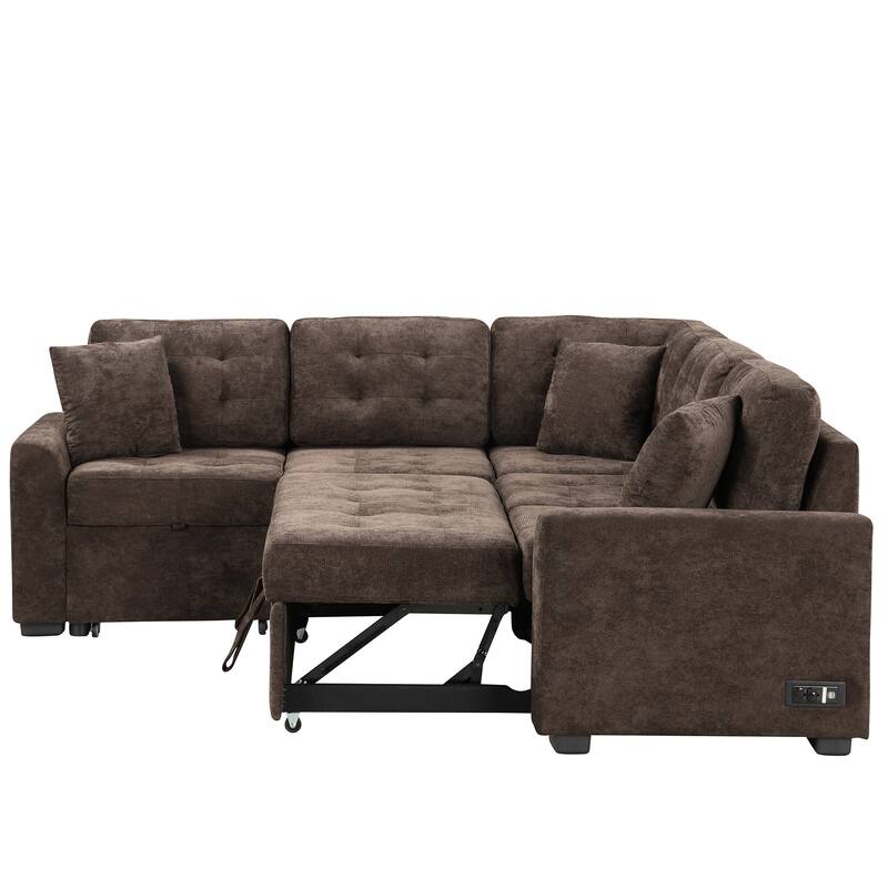 Roomfitters Pull-Out L-Shape Sofa Bed with Wheels, USB Ports, and Power Sockets, Functional Sleeper Sofa for Living Room Comfort