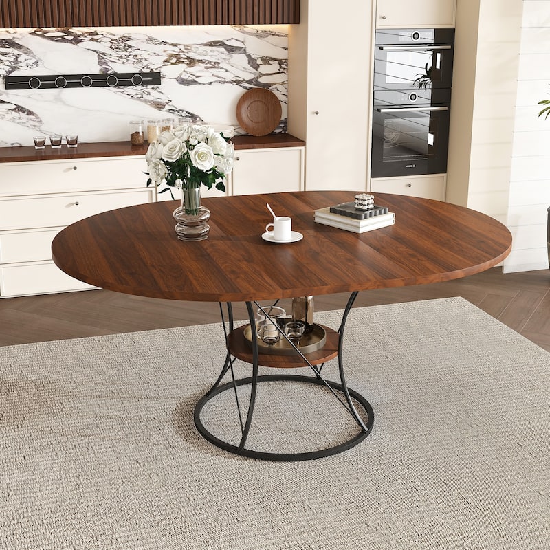 43 to 59 Inch Extendable Round Dining Table for 4-6 - Farmhouse Kitchen Table with Storage Shelf & Metal Base