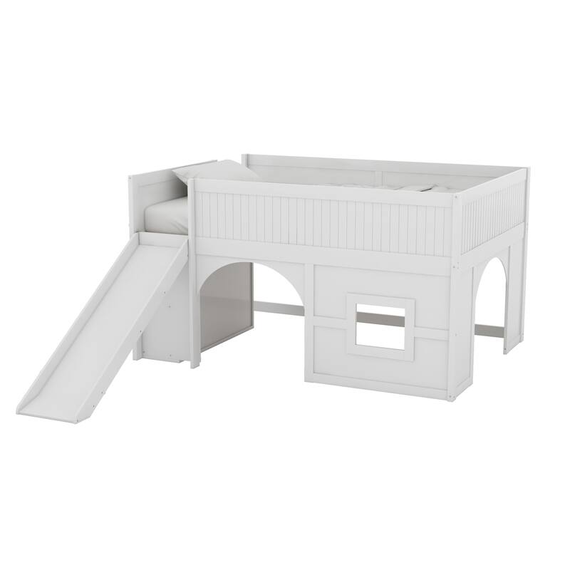 GDFStudio - PlayHaven Modern Wooden Low Loft Bed with Storage Shelves and Slide