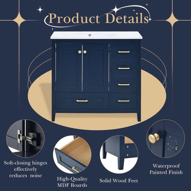 36'' Bathroom Vanity with Sink Combo Set, Modern Bathroom Cabinet with 4 Drawers,Blue