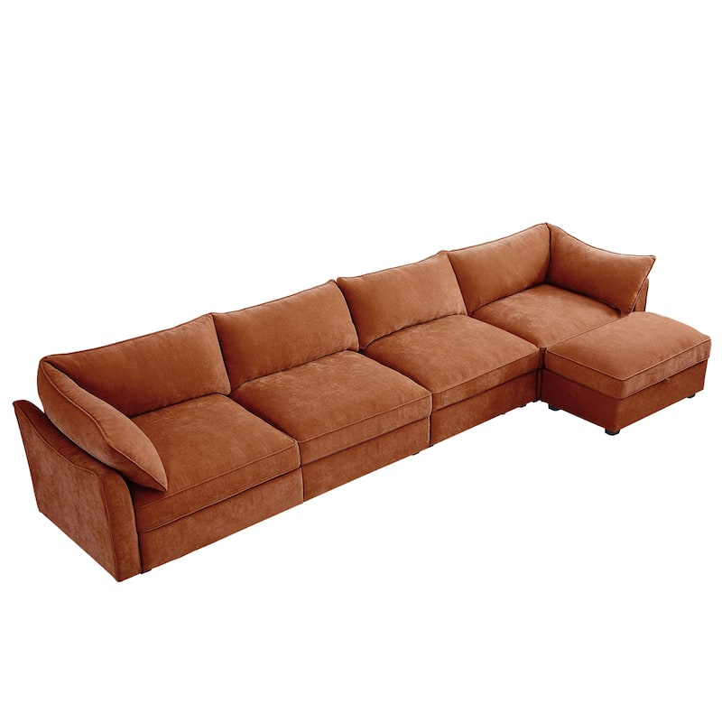 L-Shaped 4-Deep Seater Sectional Sofa Couch with 1 Movable Storage Ottoman & Pull out Drawers Under Each Seat