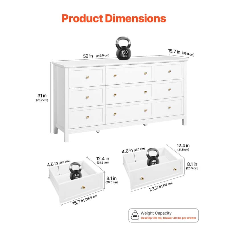 White MDF Particleboard 9 Drawer Dresser with Metal Handles and Large Storage