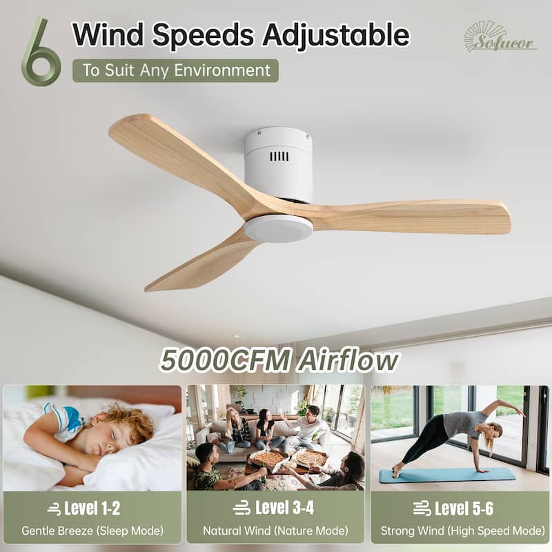Sofucor 52" Low Profile Flush Mount Noiseless Ceiling Fan with Light and Remote,3 Solid Wood Blades,6 Speed Levels